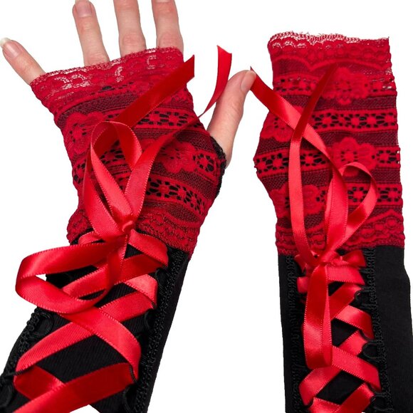 Long Corset Gloves Red Goth Bridal Black Lace Up Arm Sleeves Renaissance Wedding